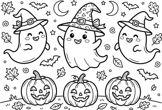 Cute hand drawn halloween ghosts and pumpkins with witch hats in a festive black and white silhouette