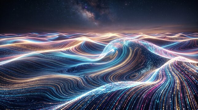 Abstract digital landscape with glowing data streams flowing like waves under a starry night sky, depicting a futuristic technological concept.