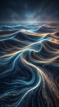 Abstract glowing waves of blue and gold light flowing across a dark, ethereal landscape, resembling energy currents or digital data streams.
