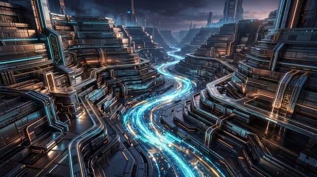 A futuristic cityscape with a glowing blue energy river flowing through a deep, technologically advanced canyon, illuminated by intricate lights and metallic structures.