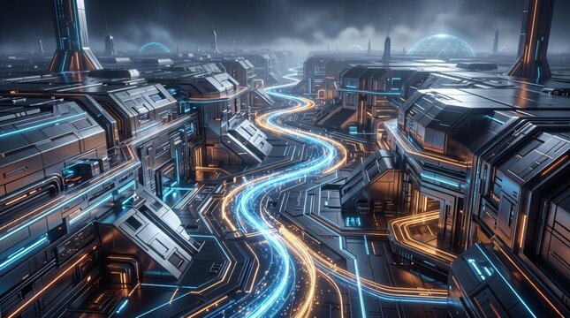 Futuristic cityscape with glowing energy pathways and advanced technological infrastructure under a dark sky, showcasing a complex network of light streams.