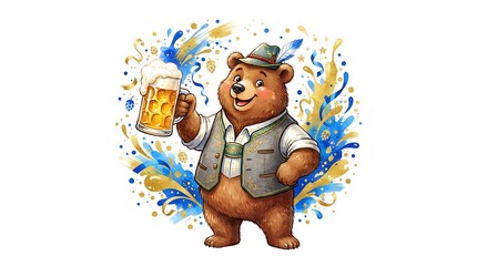 Naklejka premium Cute cartoon bear wearing traditional Bavarian clothing holding a large glass of beer for Oktoberfest celebration.