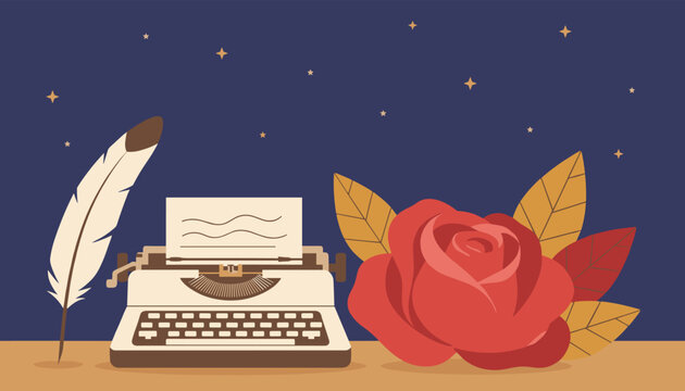 Vintage typewriter sits next to a large red rose and a quill pen on a table under a magical starry night sky.