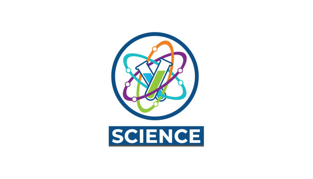 Colorful science logo features intersecting atomic orbits and two test tubes filled with chemical liquids in a circle.