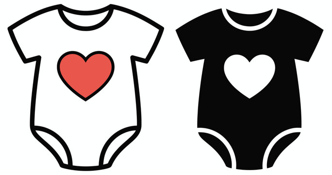 Title 2: Baby onesie illustration showcasing minimalist black and white outline vector with heart detail for infant apparel and childcare designs.