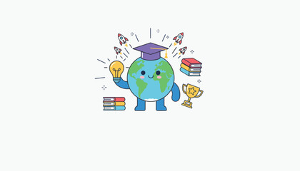 Naklejka premium Cute character of the planet earth wearing a graduation cap holds a light bulb surrounded by school books, a trophy, and rockets.