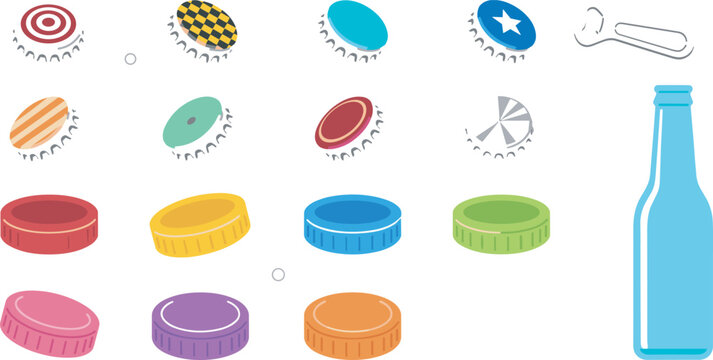 Colorful bottle cap vector element icon set featuring metal crown caps, plastic lids, glass bottle, and opener isolated on 