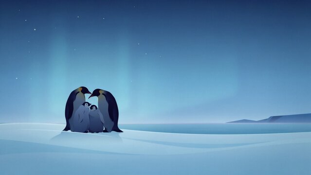 Penguin family huddling together on snowy ice under northern lights with group penguins huddled close icy surface beneath starry sky illustration
