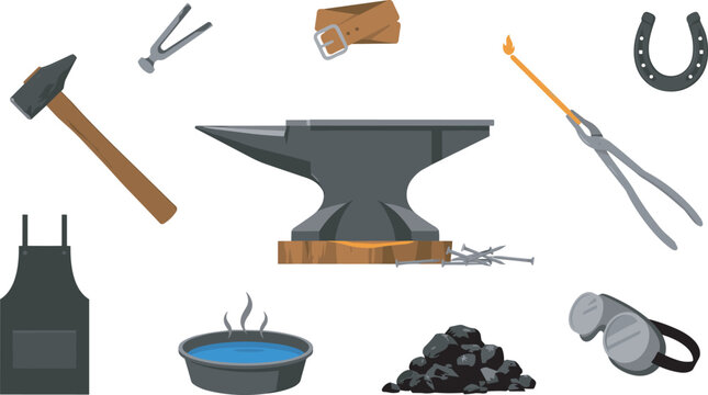 Traditional blacksmith workshop vector element icon set featuring heavy iron anvil, hammer, forging tongs, safety 