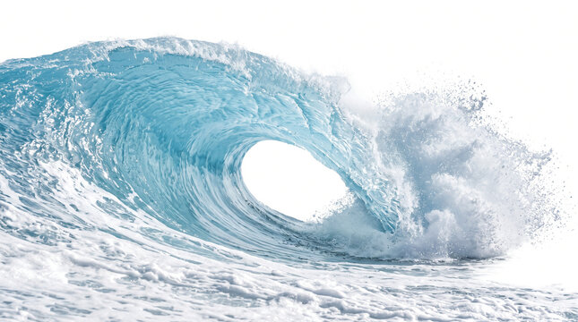 Aqua Blue Ocean Wave Barrel Curling with Crashing Splash Isolated PNG, Dynamic Water Wave Tunnel and Sea Foam Overlay Element