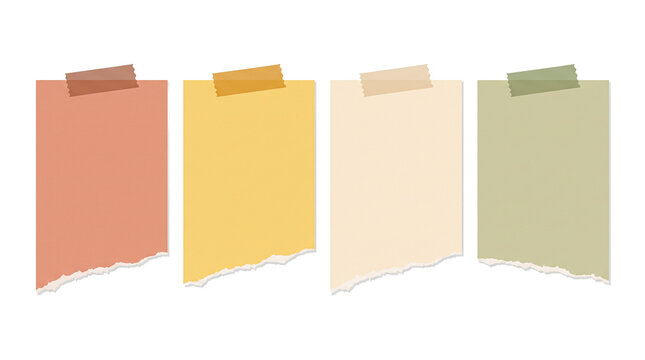 Earth Tone Aesthetic Sticky Notes PNG Set, Four Torn Vertical Paper Memo Scraps with Washi Tape, Muted Terracotta Mustard Beige Sage Note Sheets Banner Overlay