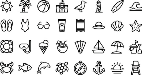 Set of black and white summer beach icons representing vacation activities travel items and marine life elements © Shakera