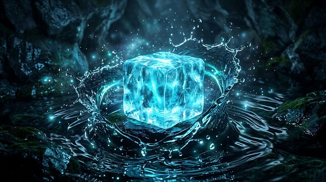 Bioluminescent jellyfish swimming in deep ocean.