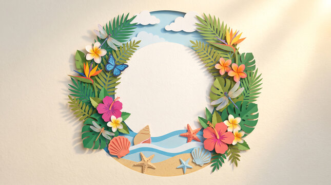 Papercraft tropical leaves flowers background