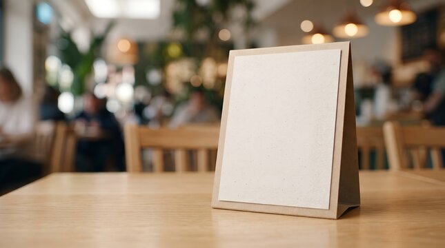 Blank menu card mockup on a wooden table in a blurred cafe interior.