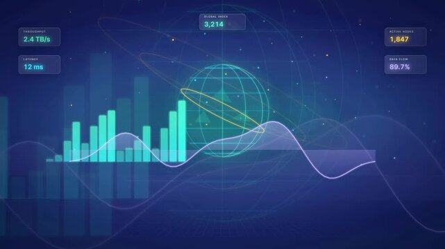 Futuristic Digital Network Dashboard with Holographic Globe and Data Visualization Background