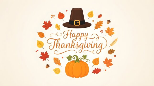 A festive happy thanksgiving greeting card design featuring a traditional pilgrim hat and a ripe orange pumpkin surrounded by colorful autumn fall foliage leaves illustration
