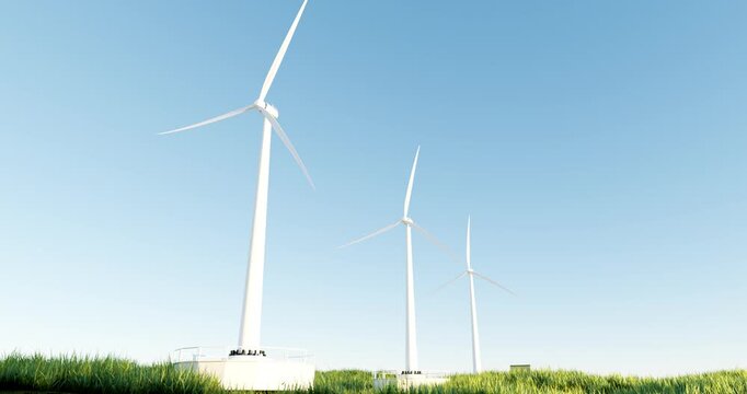 Low Angle 3D Render of Three Wind Turbines in Green Field