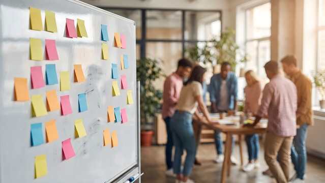 Whiteboard with sticky notes and blurred business people collaborating in background