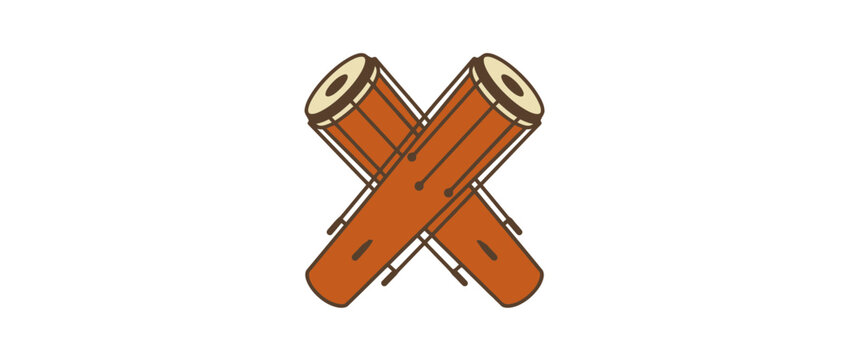 Two Crossed Traditional Indonesian Kendang Percussion Drums Vector Illustration Isolated on White