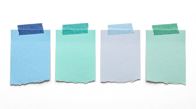 Cool Tone Pastel Sticky Notes PNG Set, Four Torn Vertical Paper Memo Scraps with Washi Tape, Blue Green Paper Sheets Banner Isolated Overlay