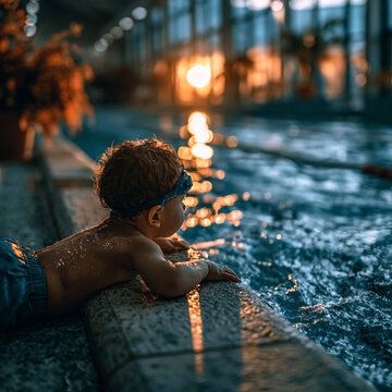 Small child watching sunlight reflecting on swimming pool surface at sunset with swimming