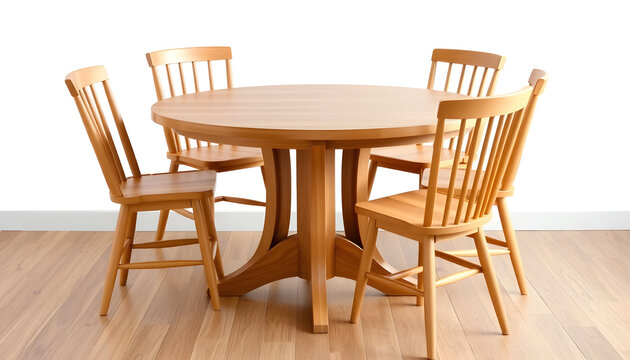 Classic oak round dining table with a sturdy central wooden pedestal, four matching slatted-back wooden dining chairs, bright studio lighting, pure white backdrop, professional interior furniture phot
