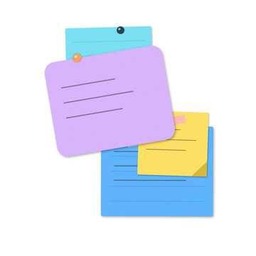 Layered blue and purple sticky notes with document reminders a for office and business task tracking as PNG element