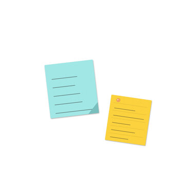 Two square sticky notes in light blue and yellow with written lines for professional office communication as transparent cutout