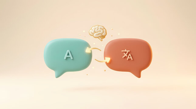 AI translation multilingual communication concept, speech bubbles with abstract letter symbols connected by arrows brain language technology 3D
