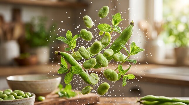 Fresh fava beans and mint leaves suspended in mid-air with water droplets