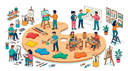 Fototapeta premium Artists and creative students gather around a giant wooden paint palette to practice painting, sculpting, and drawing in a collaborative studio space designed for artistic growth and development.