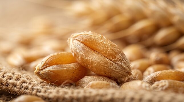 Golden wheat kernels macro shot showing texture and detail on burlap fabric
