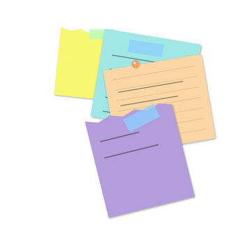 Colorful layered adhesive paper notes pinned together as stationery office organization symbols as cut out PNG