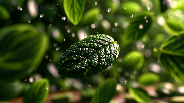 Fresh green mint leaves falling in water droplets with droplets refreshing splashing