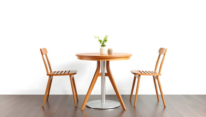 Fototapeta premium Minimalist white and light wood round Bistro dining table with a slim central chrome pedestal base, two wooden chairs, small vase with green stem on top, white studio background.