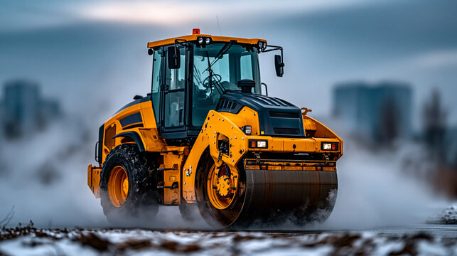 Yellow road roller working on winter construction site with roadroller construction machinery