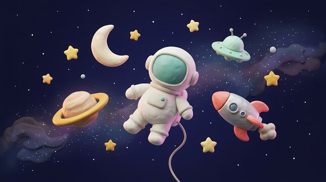 Whimsical 3D clay space scene with astronaut rocket planet Saturn moon stars UFO, puffy plasticine STEM education illustration