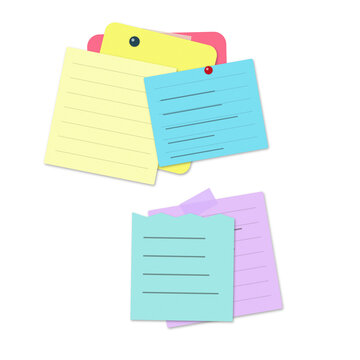 Stack of colorful lined sticky note papers with push pins isolated as PNG