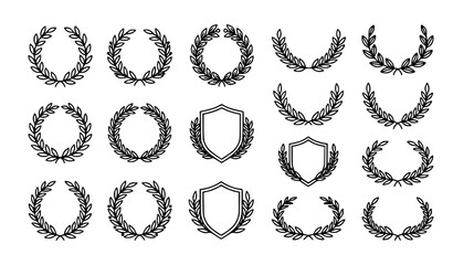 Fototapeta premium Minimal Monoline Laurel Wreath Collection Vector with Modern Botanical Emblems Isolated on White Background