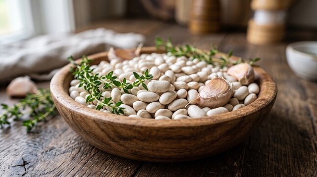 Bowl of white navy beans with garlic and thyme on rustic wooden table