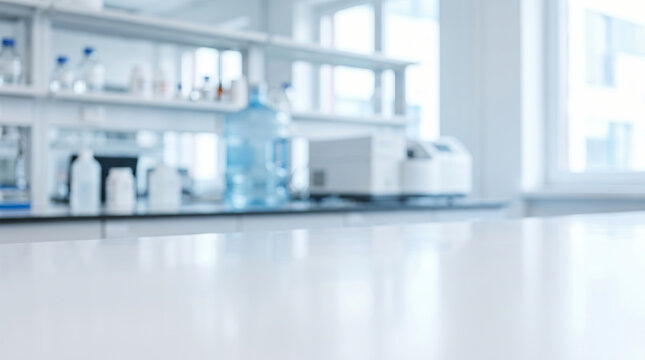 Science lab empty table background with bright light blur create calm modern research mood. Scientific chemistry research laboratory. modern clean interior room, equipment blur