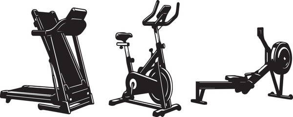 Cardio Gym Equipment Vector Icon Set - Treadmill, Stationary Exercise Bike, and Rowing Machine Symbols Isolated on White Background © Emad