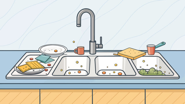 Messy kitchen sink full of dirty dishes and leftover food with housework domestic leftover plumbing unhygienic cleaning draining lifestyle maintenance household interior countertop