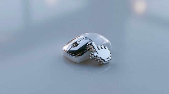 Close-up detail of a modern metal and glass optical component on a smooth reflective surface