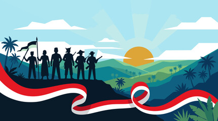 Naklejka premium Indonesian Heroes Silhouette on Mountain Sunrise Background with Red White Ribbon Vector Illustration
