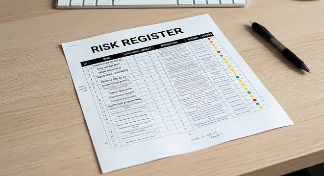 Cybersecurity risk register spreadsheet document with likelihood impact and mitigation columns, IT governance audit editorial photo