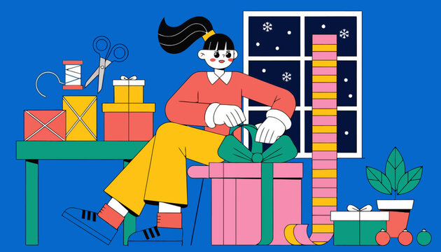 Woman wrapping christmas presents in a festive room with wrapping christmas decoration lifestyle activity creative scissors interior celebration preparation surprise tradition colorful