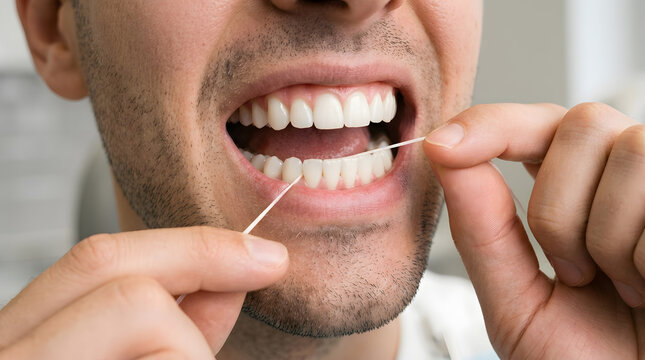 Close up of a man using dental floss to clean his white teeth for good oral hygiene