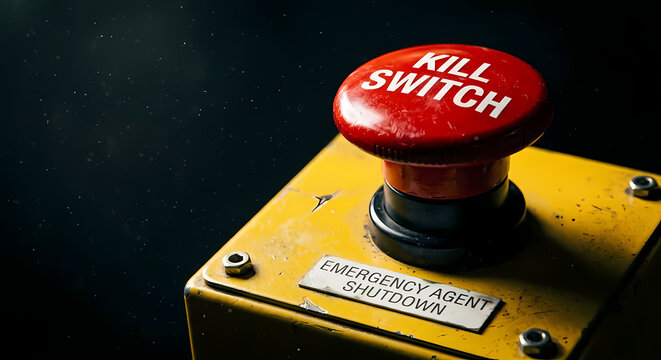 Red emergency kill switch button macro, mushroom stop button on yellow panel with emergency agent shutdown label, industrial safety equipment photo